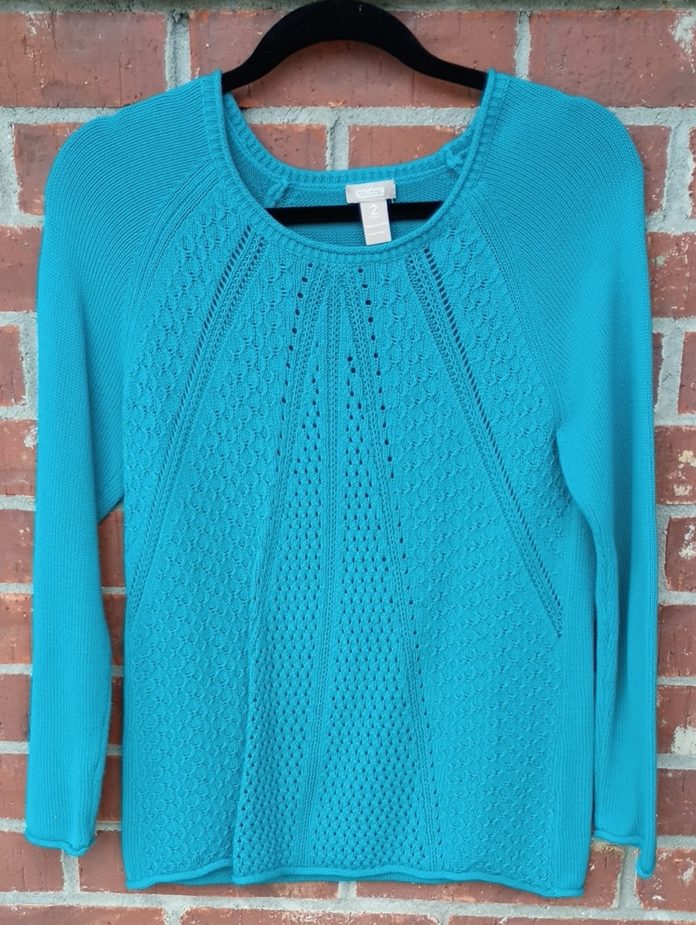 Chico's Turquoise Scoop Neck Open-Knit Sweater